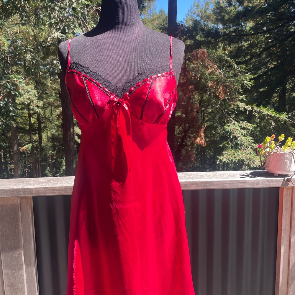 Red Satin Lace-Trim Slip Dress with Adjustable Straps